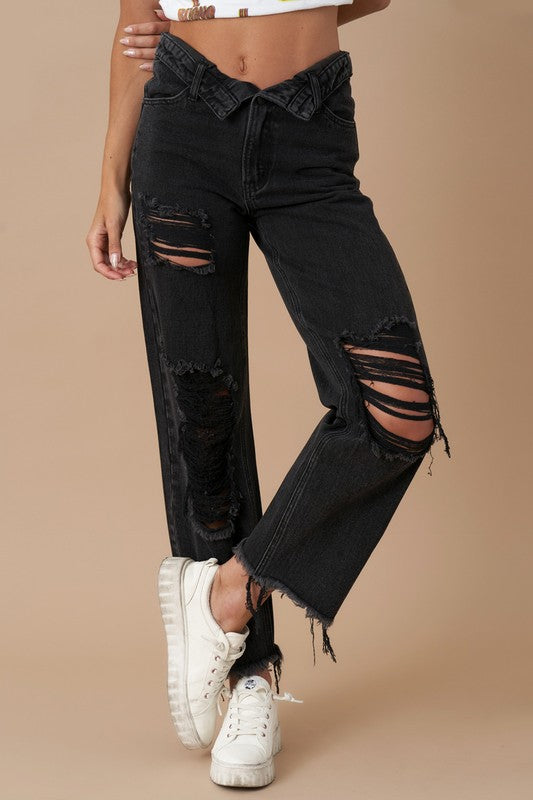 Frayed Flip Waist Straight Jeans