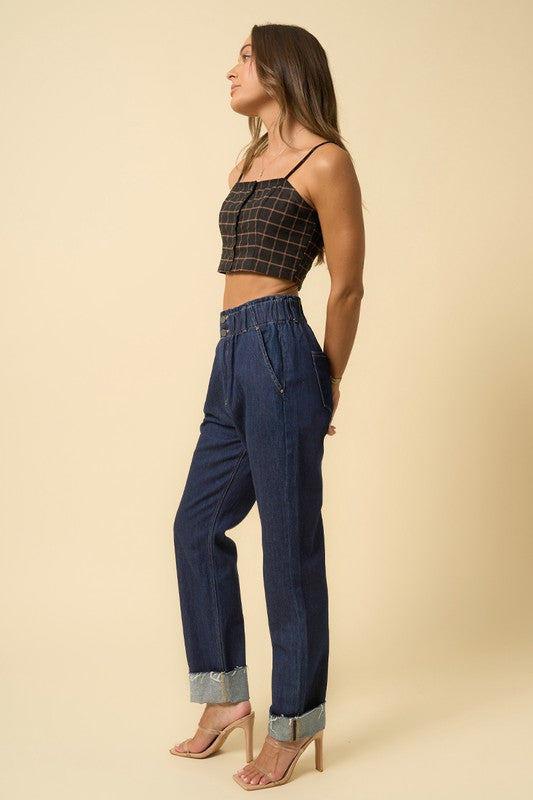 HIGH WAISTED PLEATED SLOUCHY DENIM PANTS