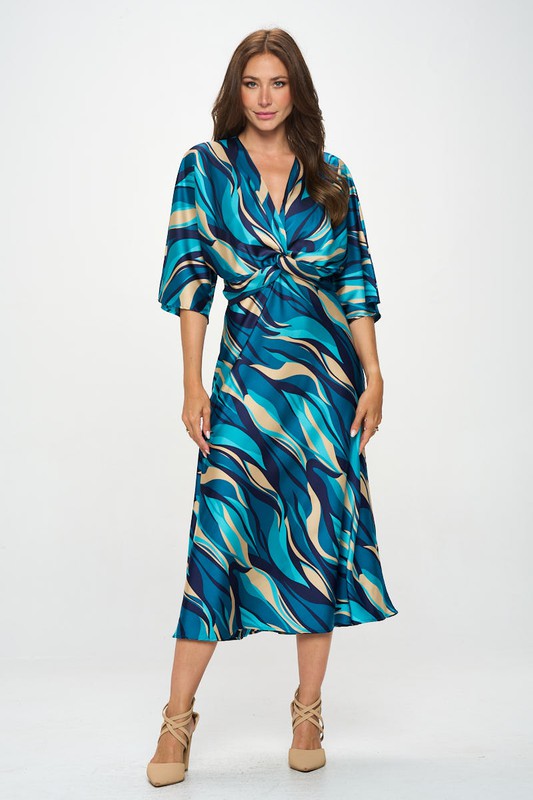 Satin Stretch Print Dress with Front Twist