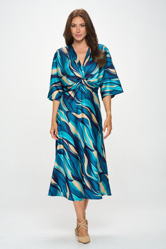 Satin Stretch Print Dress with Front Twist