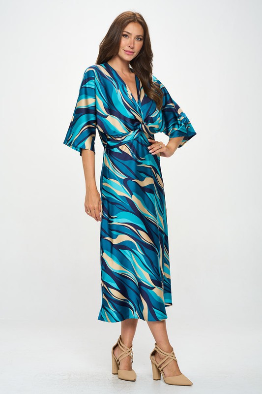 Satin Stretch Print Dress with Front Twist