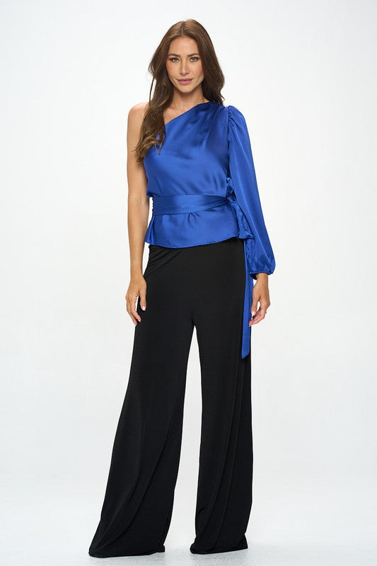 Stand Out Satin One Shoulder Formal Top with Tie - Royal Blue