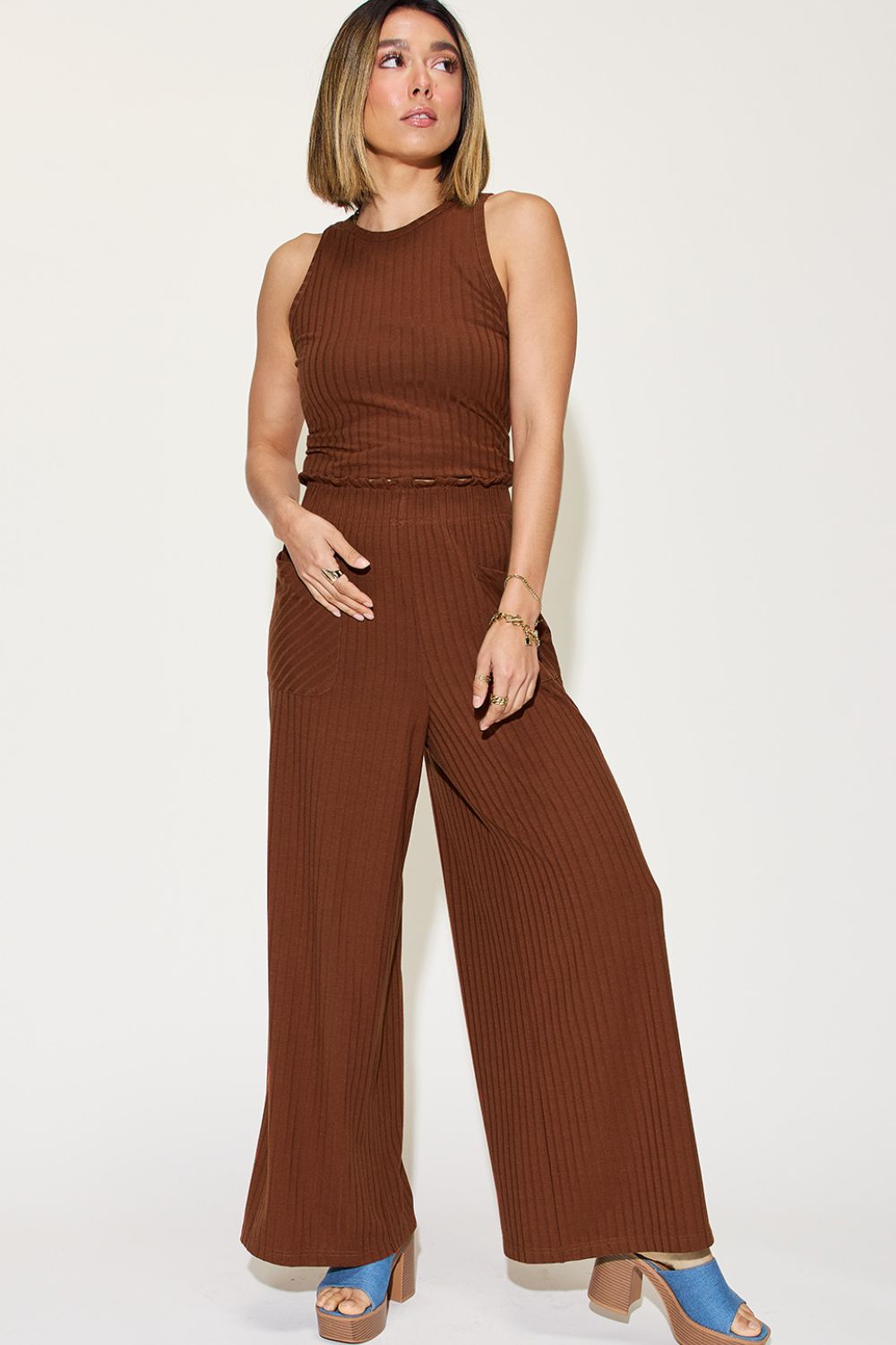 Sandra Set Ribbed Tank and Wide Leg Pants - Full Size