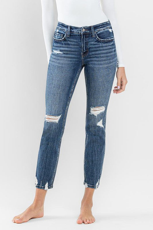 Mid Rise Distressed Crop Slim Straight Jeans