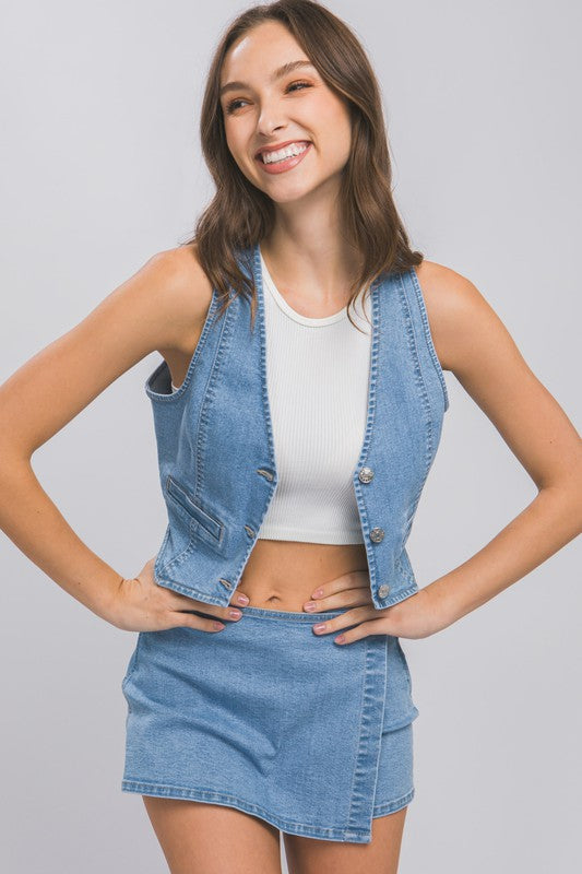 Kelly Denim Buttoned Vest Top - Black