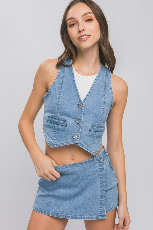 Kelly Denim Buttoned Vest Top - Black