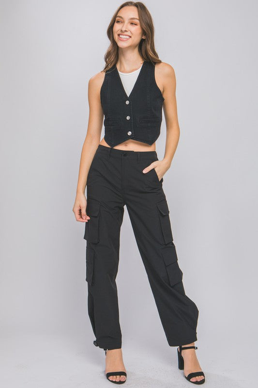 Kelly Denim Buttoned Vest Top - Black