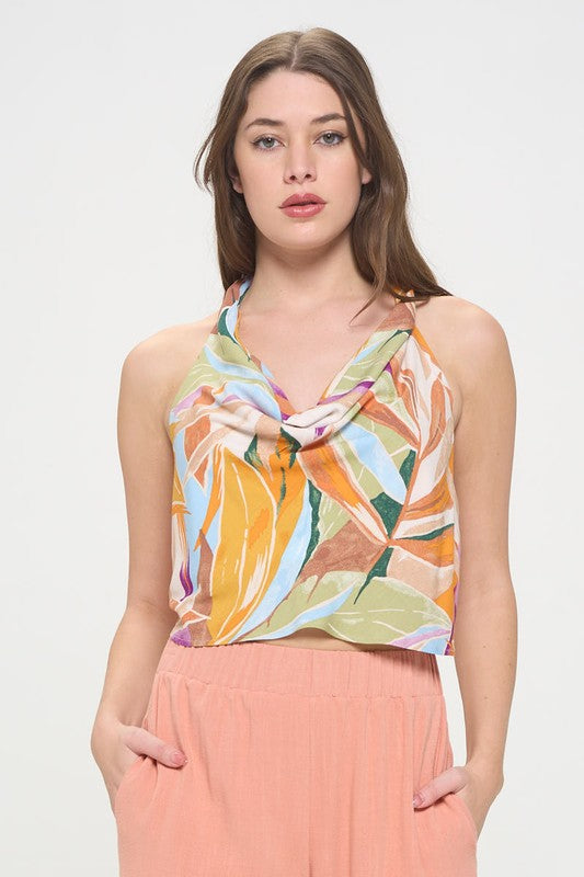 Made in USA Tropical Leaf Halter neck Backless Top