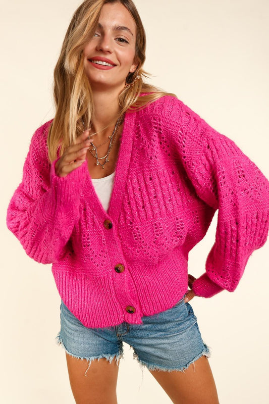 Pink Paradise Button Down Crop Long Sleeve Cardigan - Full Size