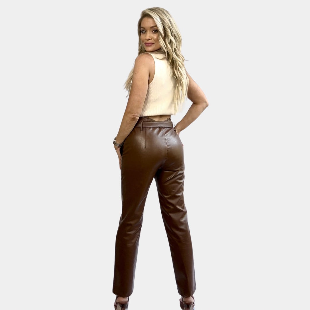 Brown Leather Bow Tie Pants