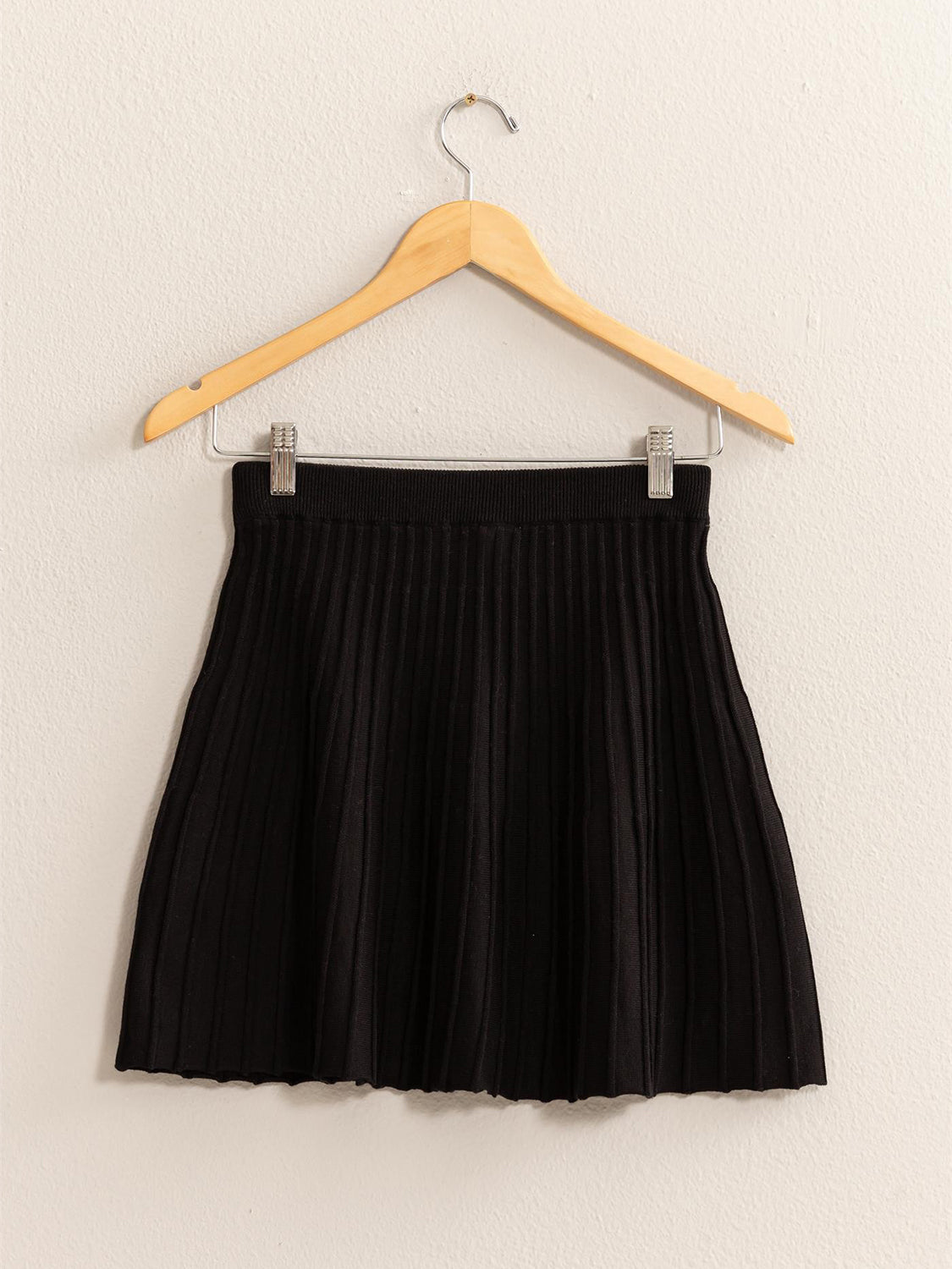 High Waist Knit Pleated Flare Mini Skirt - Black