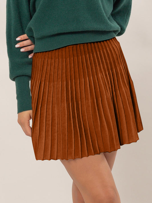 High Waist Knit Pleated Flare Mini Skirt - chocolate