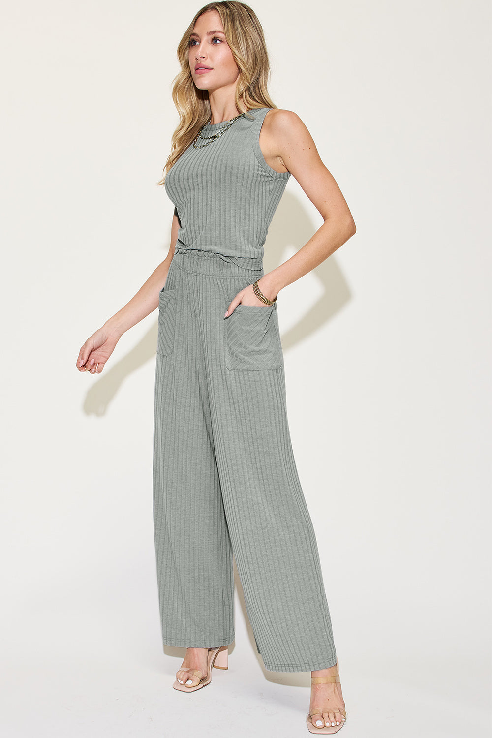 Sandra Set Ribbed Tank and Wide Leg Pants - Full Size