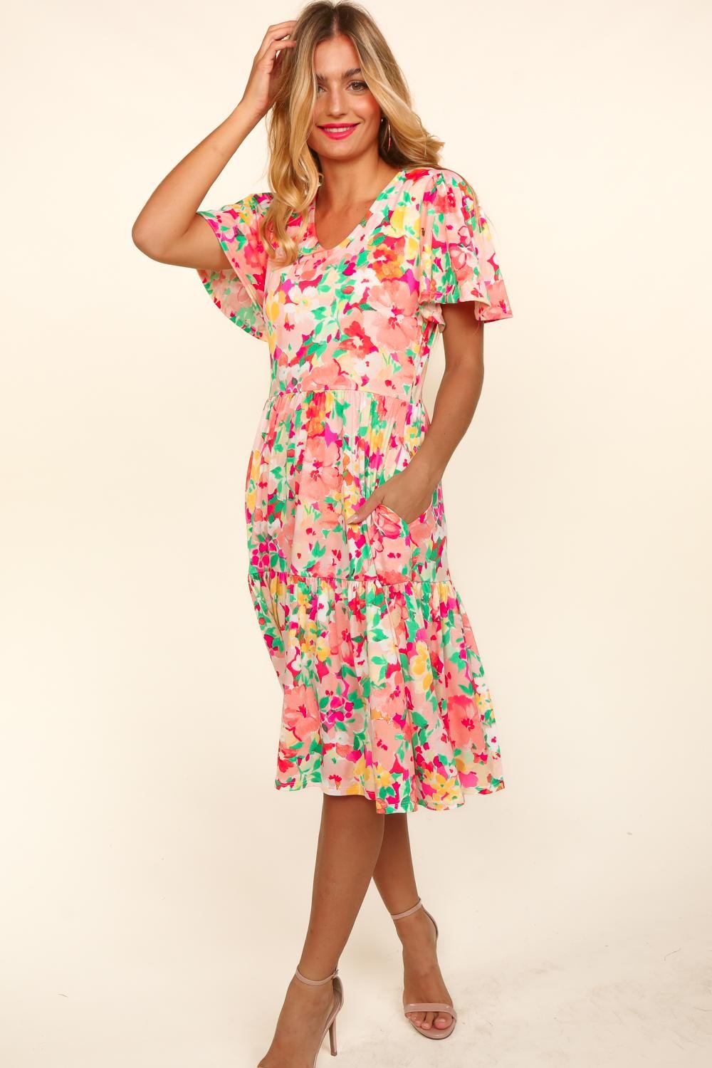 Hollow Tiered Floral Midi Dress with Pockets