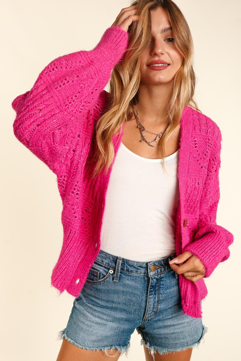 Pink Paradise Button Down Crop Long Sleeve Cardigan - Full Size