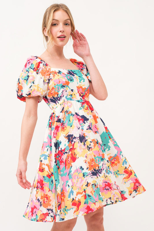 Floral Dreams Square Neck Puff Sleeve Floral Dress