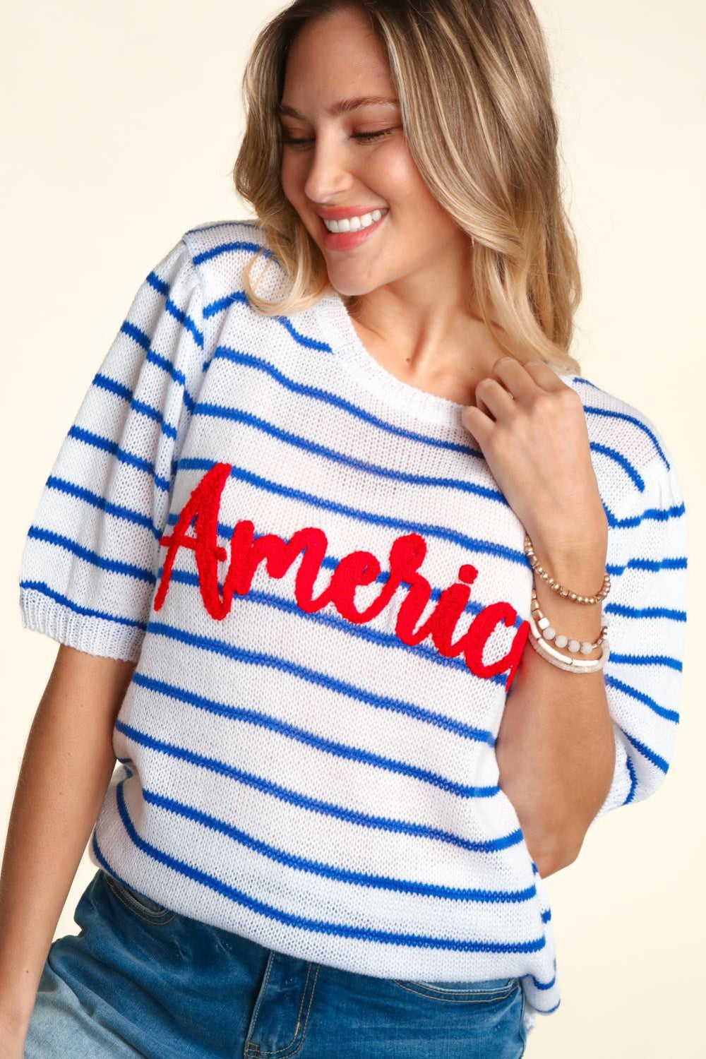 America Embroidered Striped Knit Top