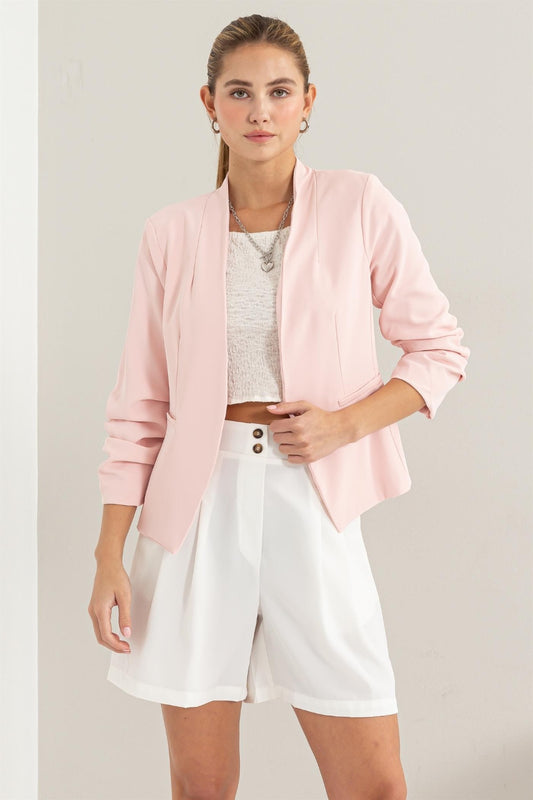 Pastel Open Front Ruched Sleeve Blazer