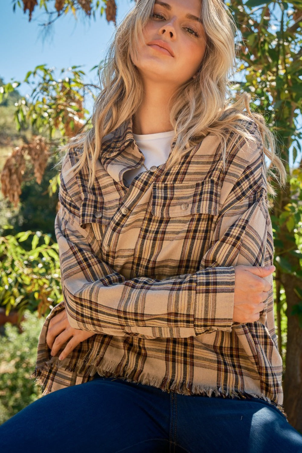 Yosemite Button Up Raw Hem Plaid Shirt - Full Size