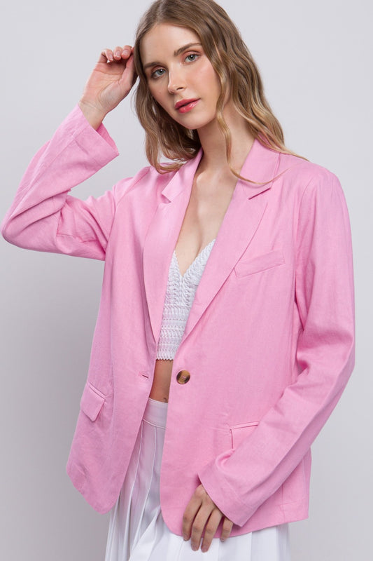 Pretty in Pink One-Button Long Sleeve Linen Blazer