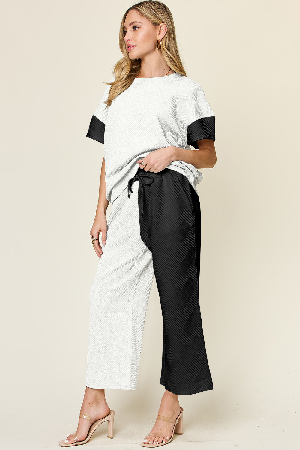 Soft Lux Texture Contrast T-Shirt and Wide Leg Pants Set