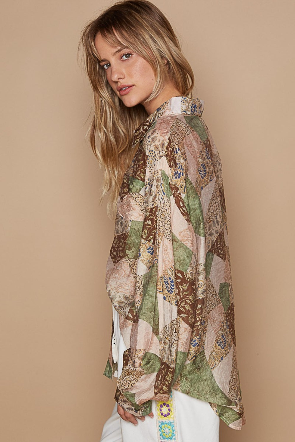 Sage Button-Down Long Sleeve Printed Shirt