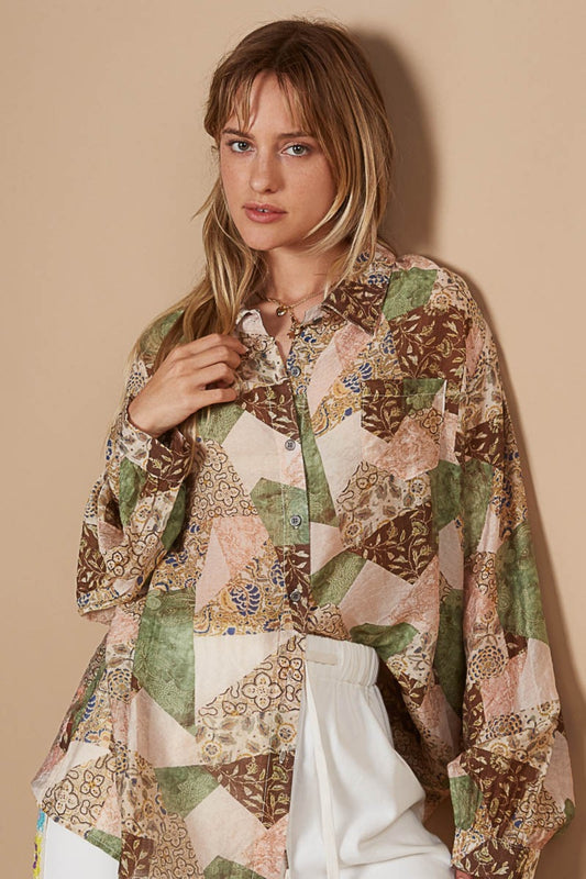 Sage Button-Down Long Sleeve Printed Shirt