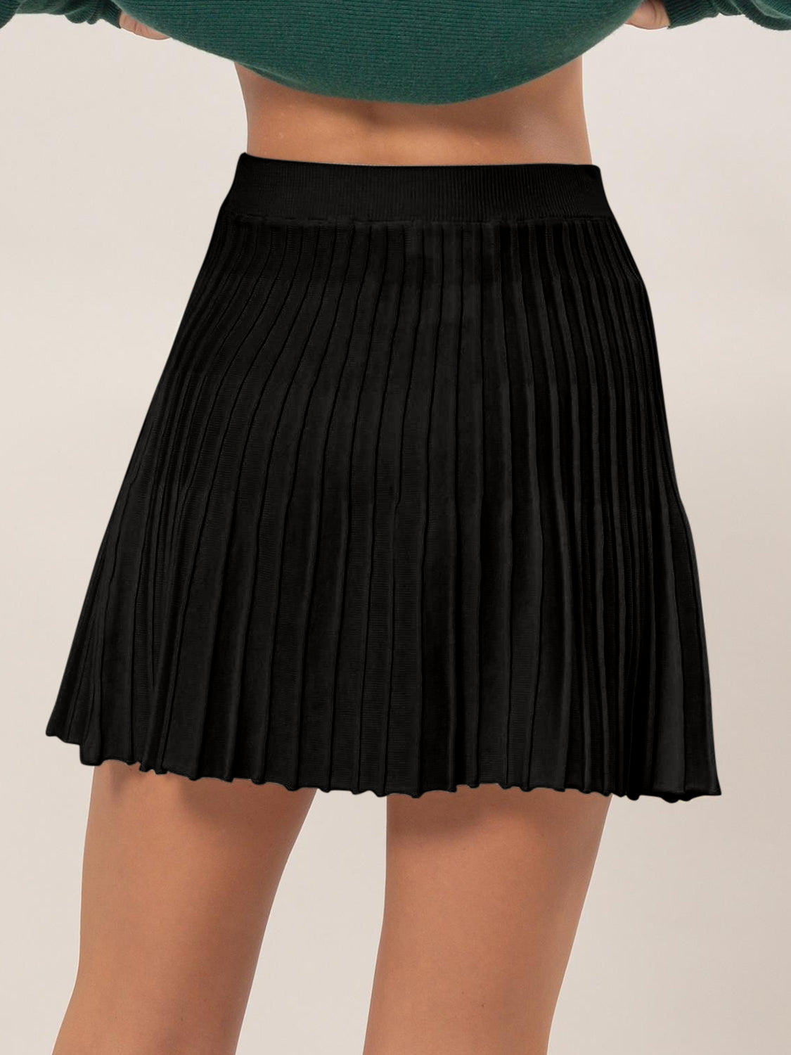 High Waist Knit Pleated Flare Mini Skirt - Black