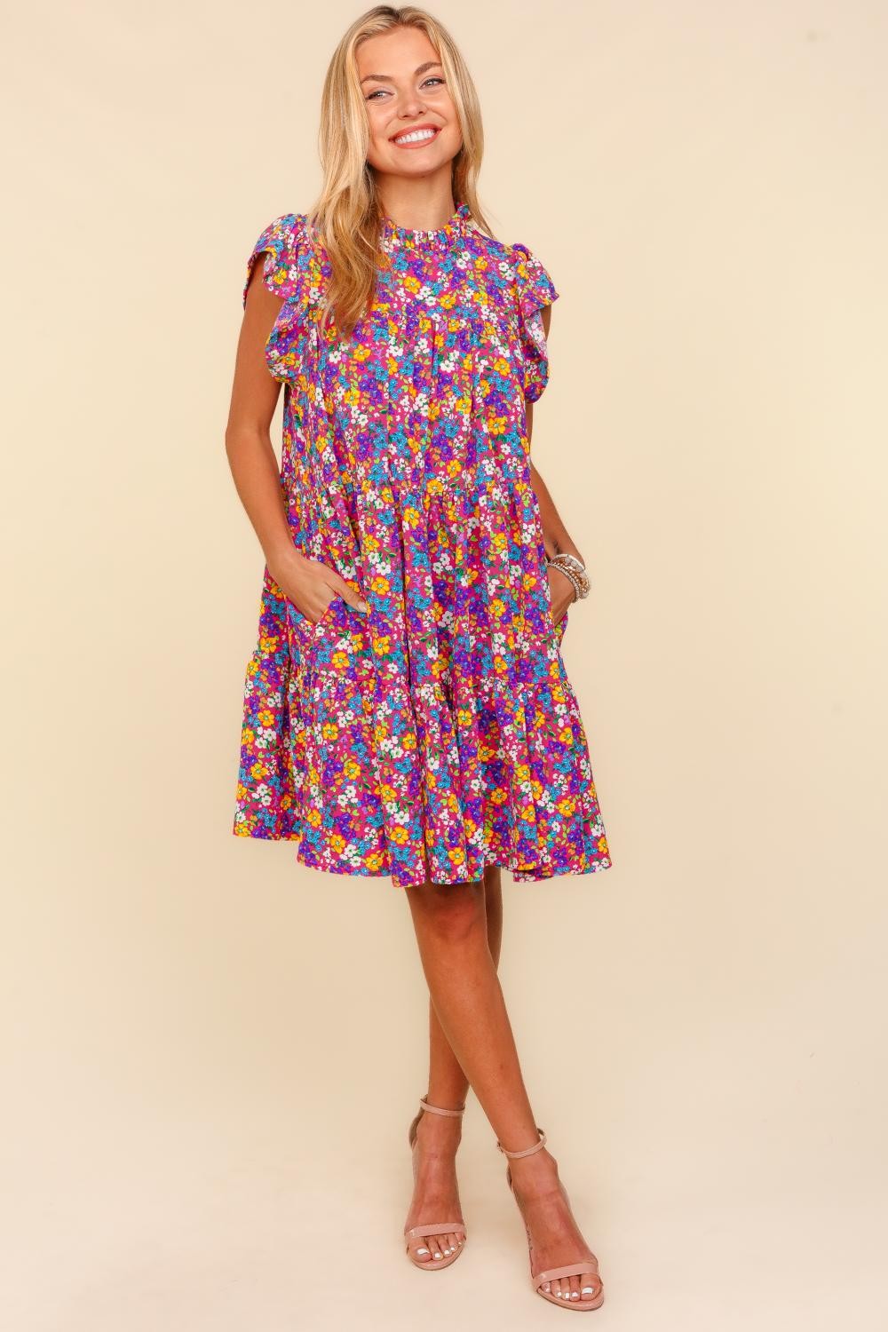 Hallow Frilled Mock Neck Ditsy Floral Dress