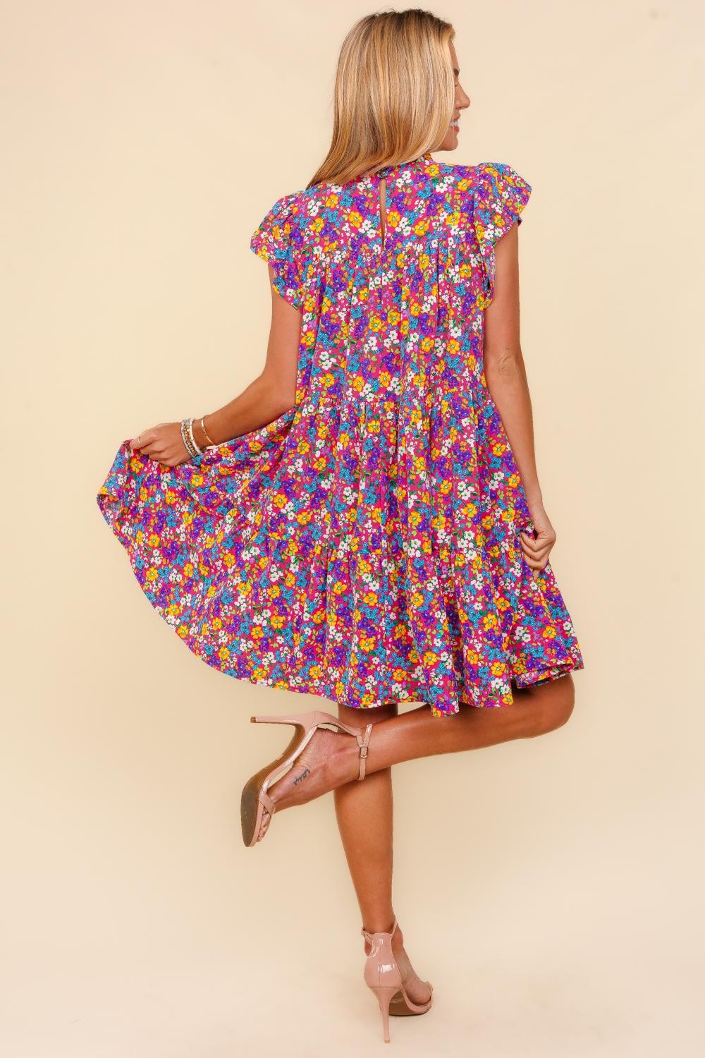 Hallow Frilled Mock Neck Ditsy Floral Dress