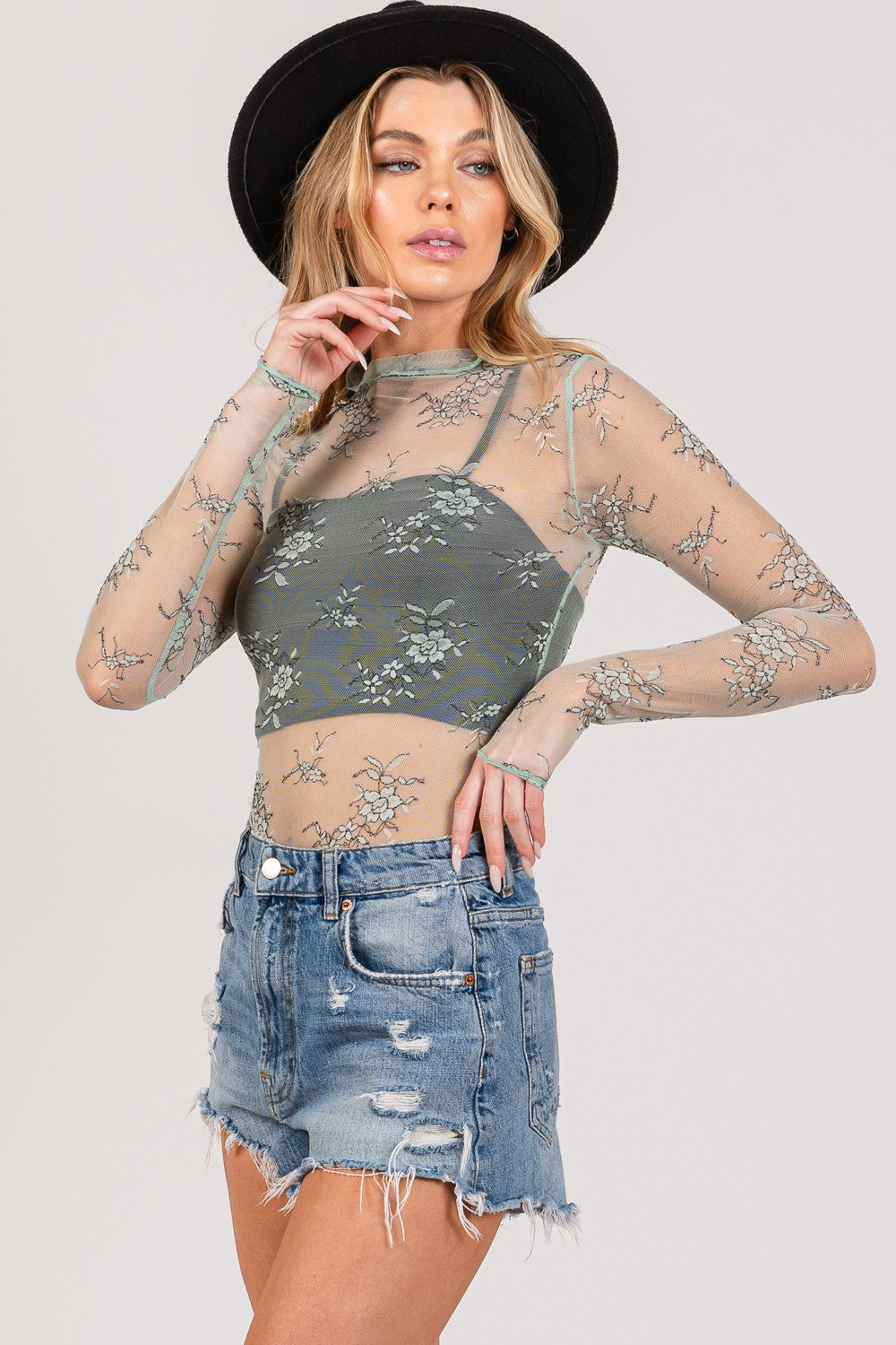 Lacey Mesh Long Sleeve Sheer Floral Embroidery Top - Sage