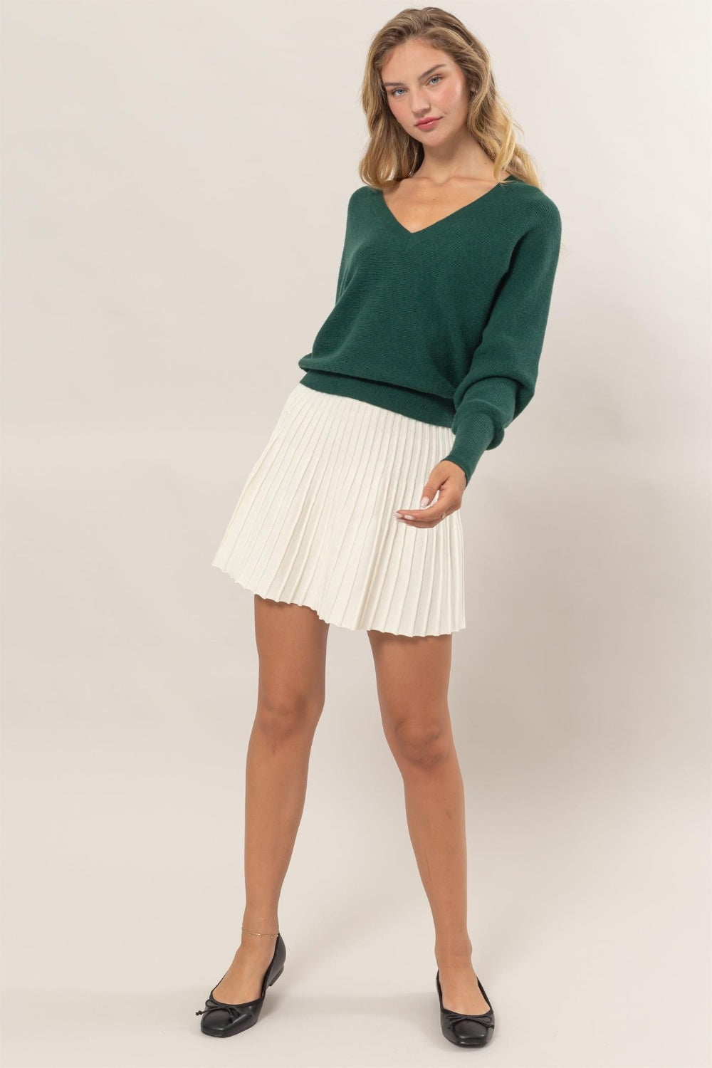 High Waist Knit Pleated Flare Mini Skirt - Cream