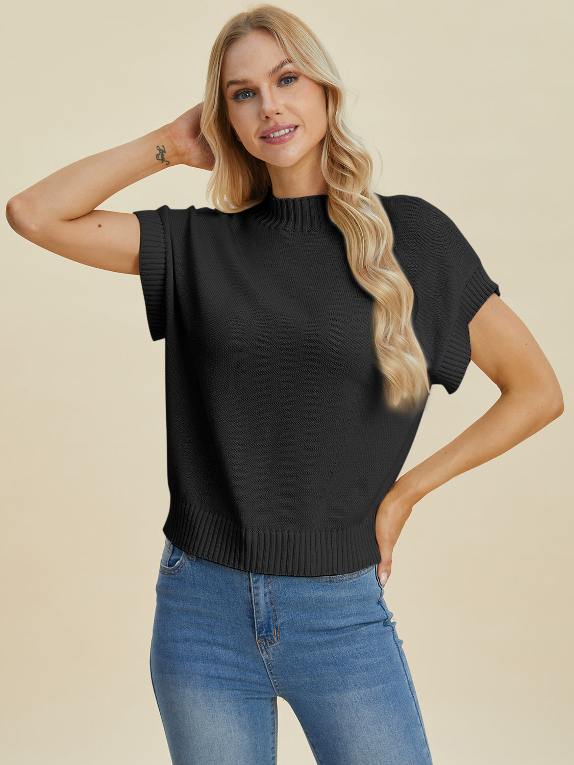 Mock Neck Short Sleeve Sweater - Full Size