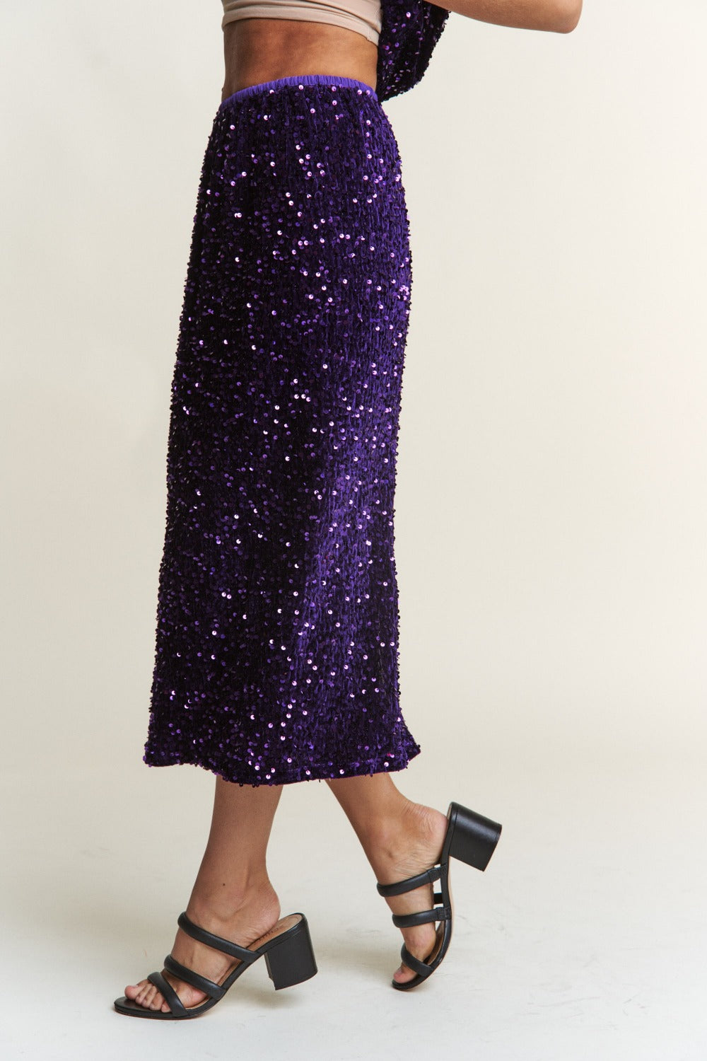 Electric Nights Sequin Back Slit Midi Skirt