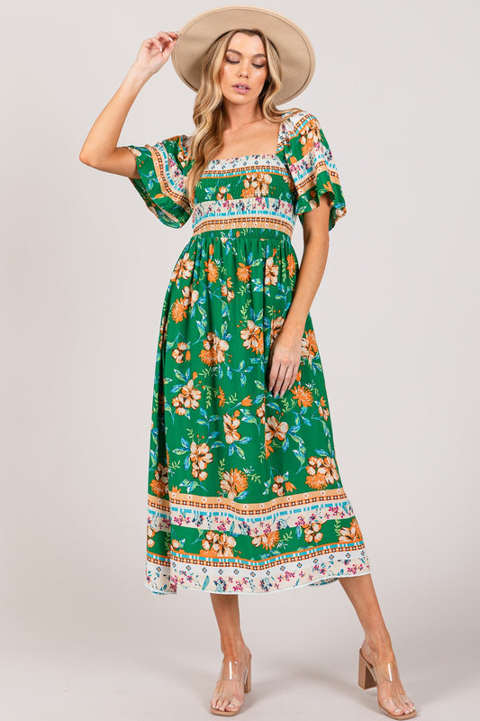 Molly Printed Smocked Short Sleeve Midi Dress