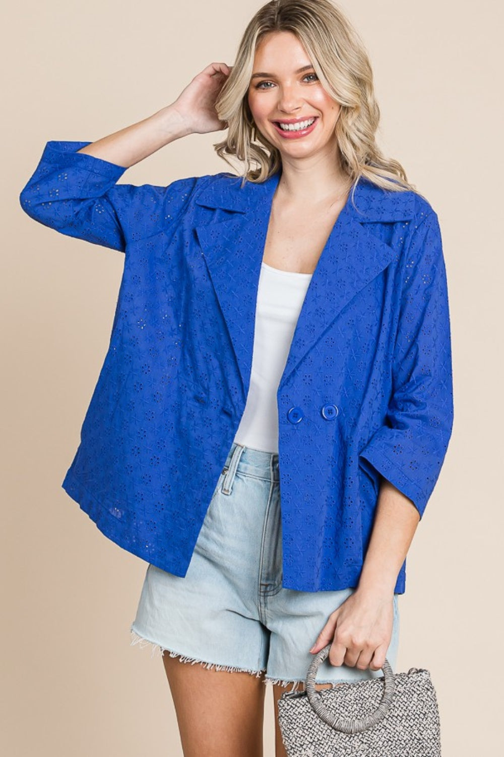 Double Breasted Eyelet Jacket with Pockets - Royal Blue