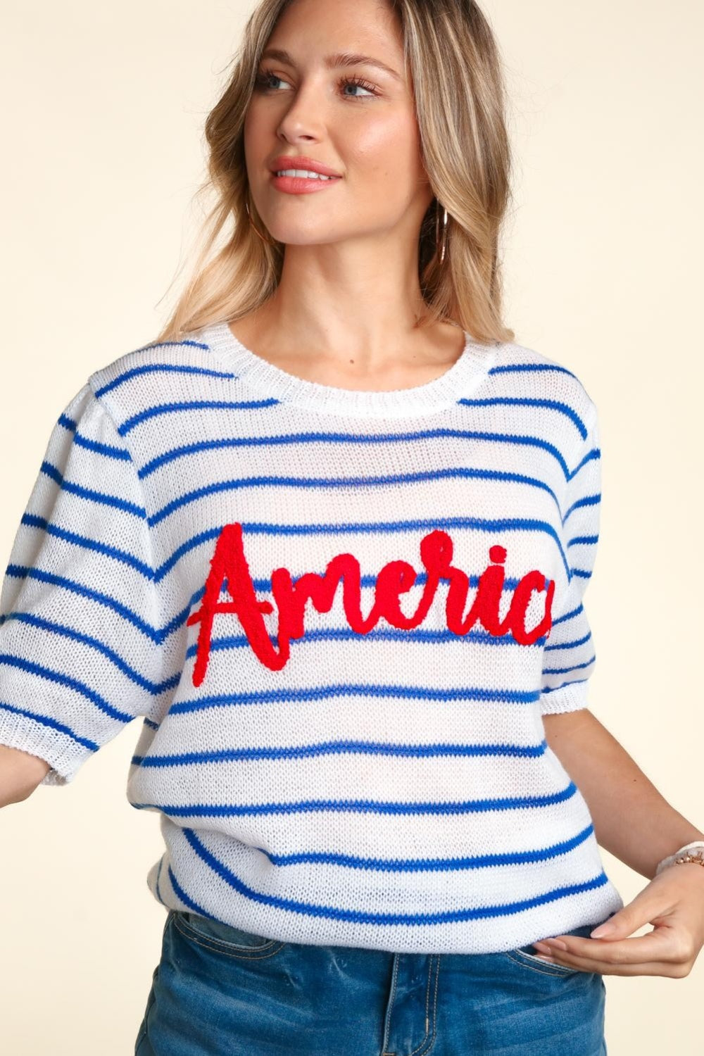 America Embroidered Striped Knit Top