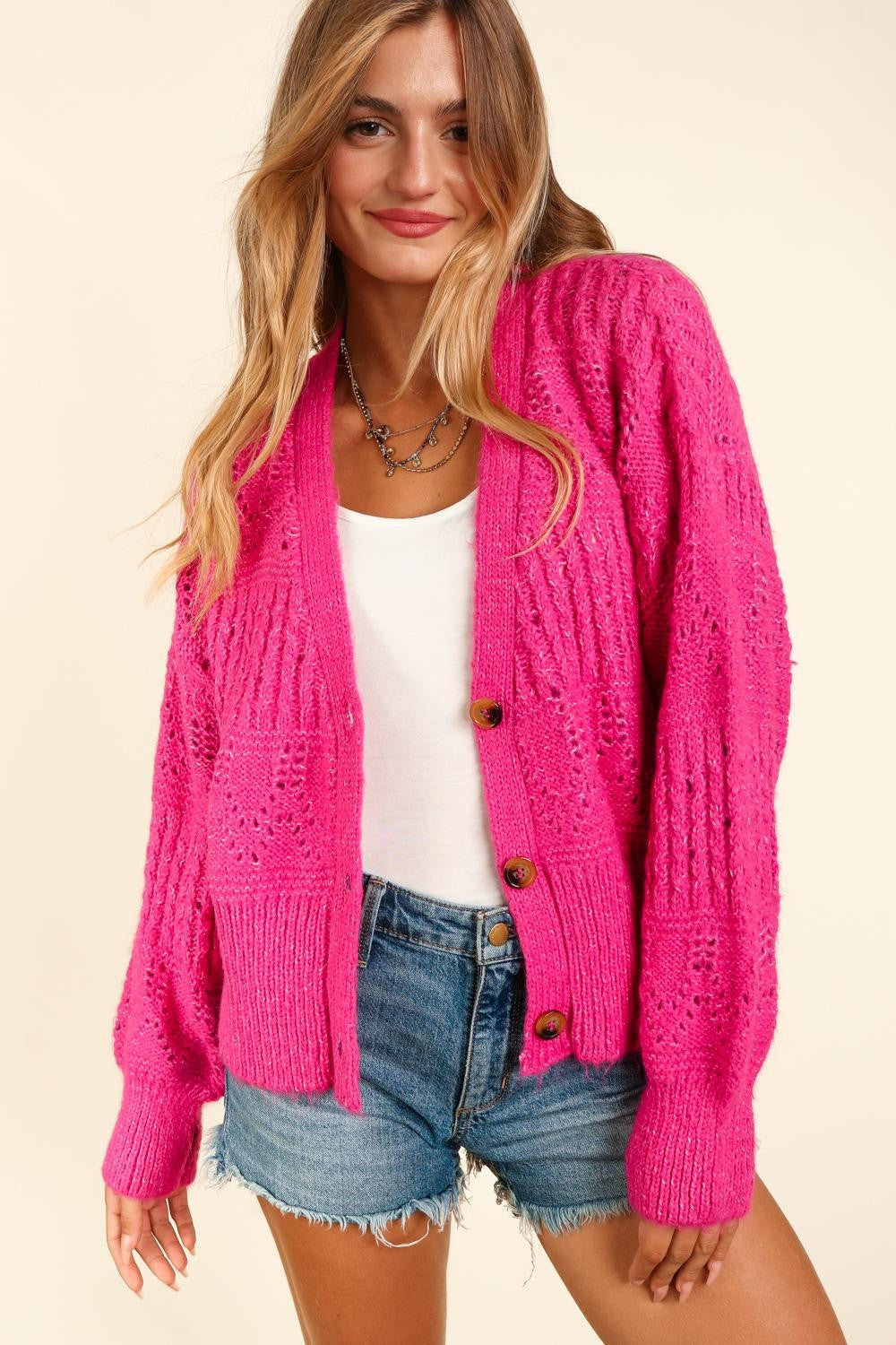 Pink Paradise Button Down Crop Long Sleeve Cardigan - Full Size