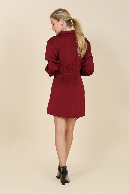 Paige Satin Collared Wrap Mini Dress